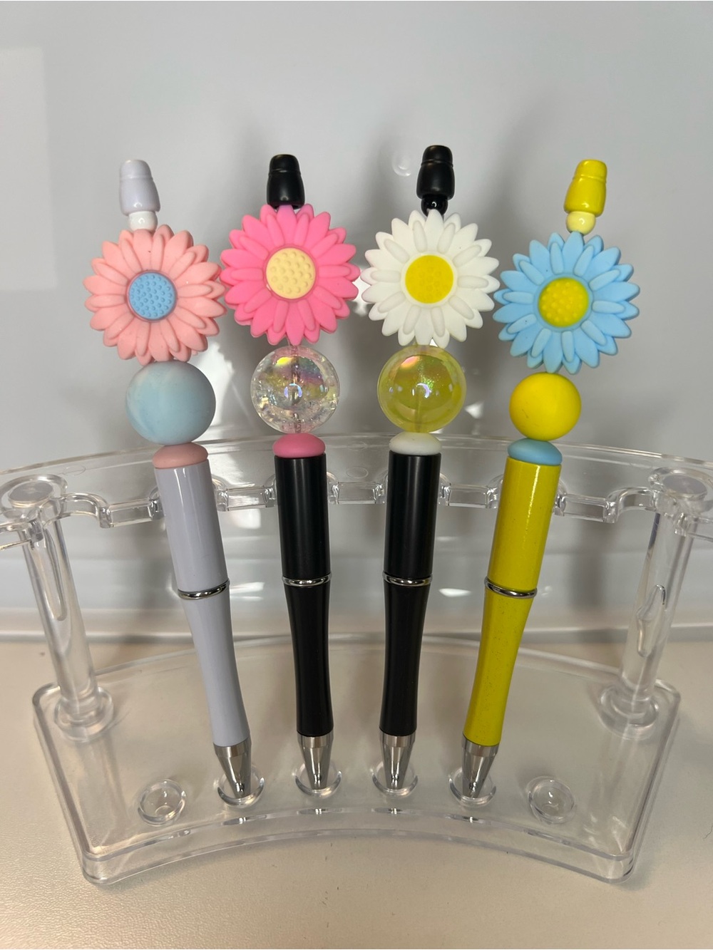 Set of 4 Handmade Daisy Pens - Pink, White, Blue, Yellow